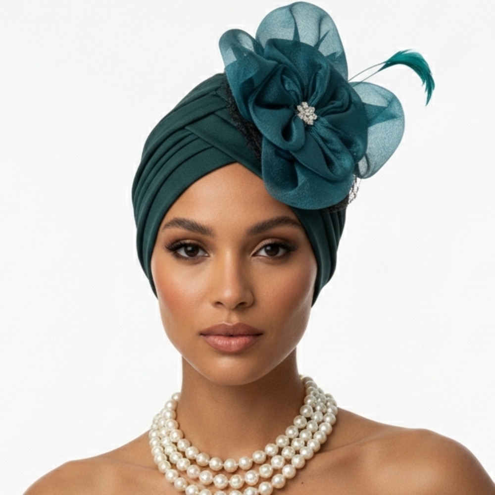 Elegant Green Turban Flower Feather Rhinestones Fashion Hair Loss Chemo Alopecia